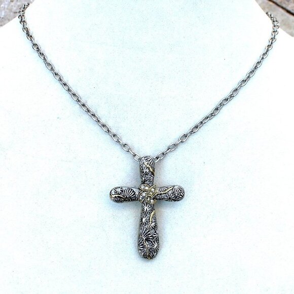 Gold Accent Design Clear Crystal Rhodium Plated Silver Cross Chain Necklace - Picture 3 of 5